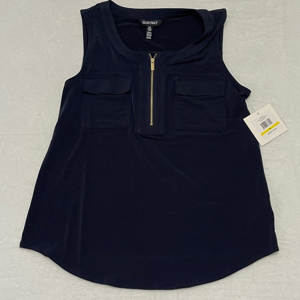 Ellen Tracy Womens Ink‎ Black Gold Half Zip Sleeveless Blouse Medium NWT